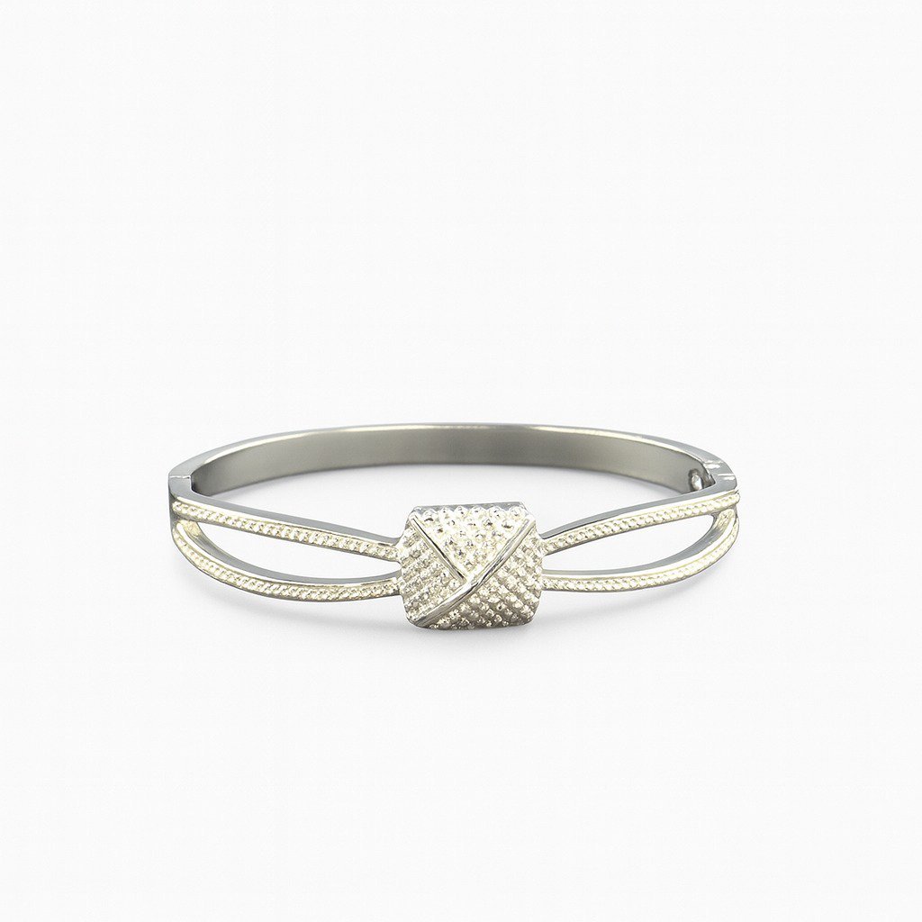 Silver-Toned Korean Geometric Open Bangle 2.4 Inch