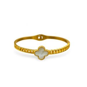Gold Plated Clover Bangle Korean Design with mother-of-pearl-like center and textured band, Lightweight Bangle 2.3 Inch