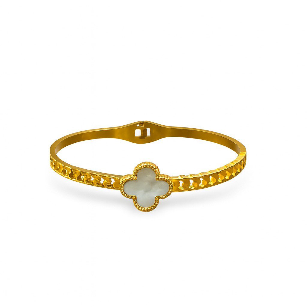 Gold Plated Clover Bangle Korean Design with mother-of-pearl-like center and textured band, Lightweight Bangle 2.3 Inch