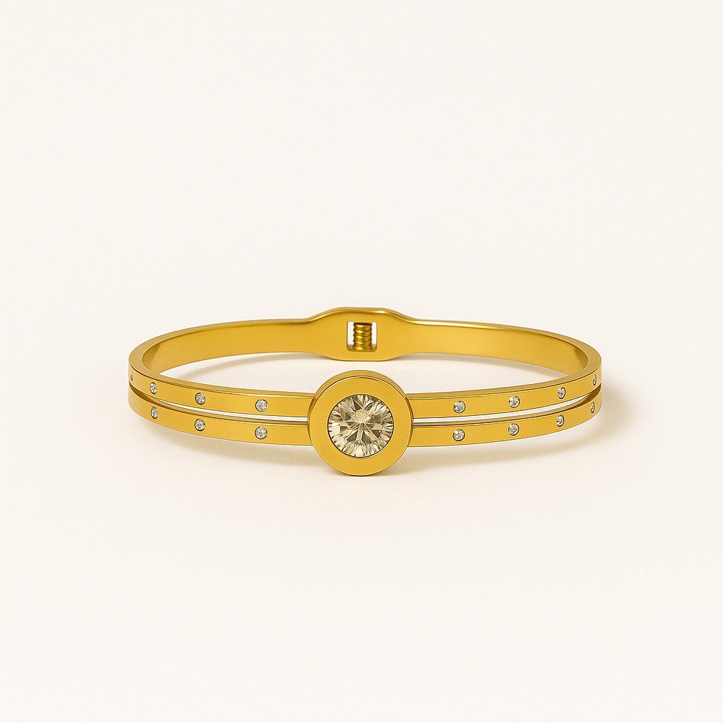 Gold Plated Medallion Bangle Korean Design with double band and central crystal, Lightweight Bangle 2.6 Inch