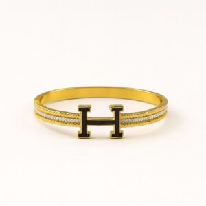 Gold Plated H Bangle with double crystal bands, Korean Design Crystal Bangle 2.4 Inch