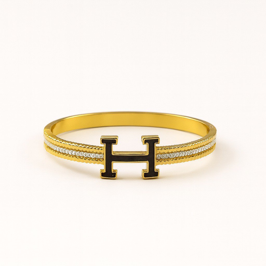 Gold Plated H Bangle with double crystal bands, Korean Design Crystal Bangle 2.4 Inch