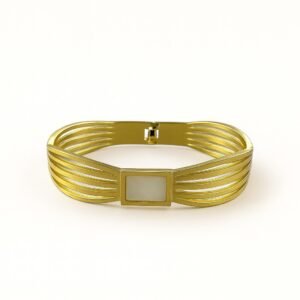 Gold Plated Cuff Bangle Korean Design with multi-band structure and central accent, Multi Strand Gold Bracelet 2.4 Inch