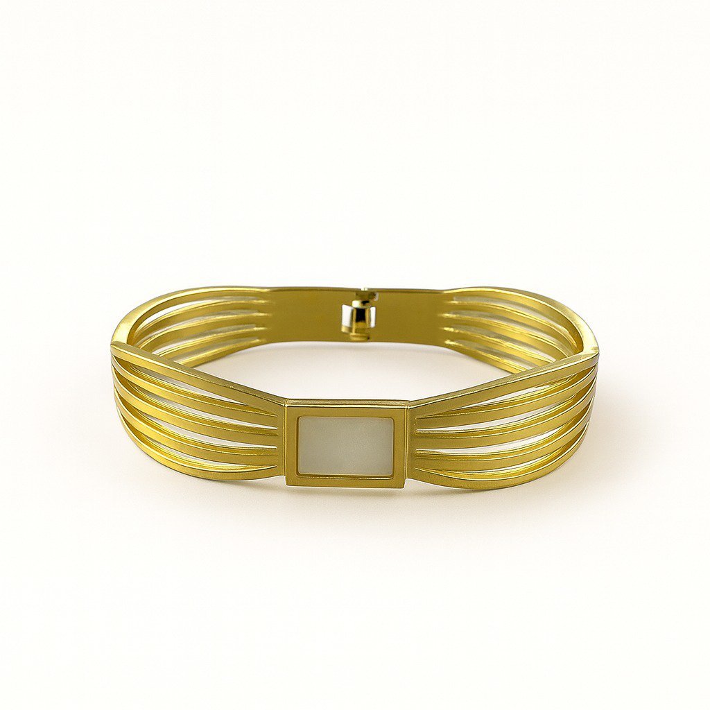 Gold Plated Cuff Bangle Korean Design with multi-band structure and central accent, Multi Strand Gold Bracelet 2.4 Inch