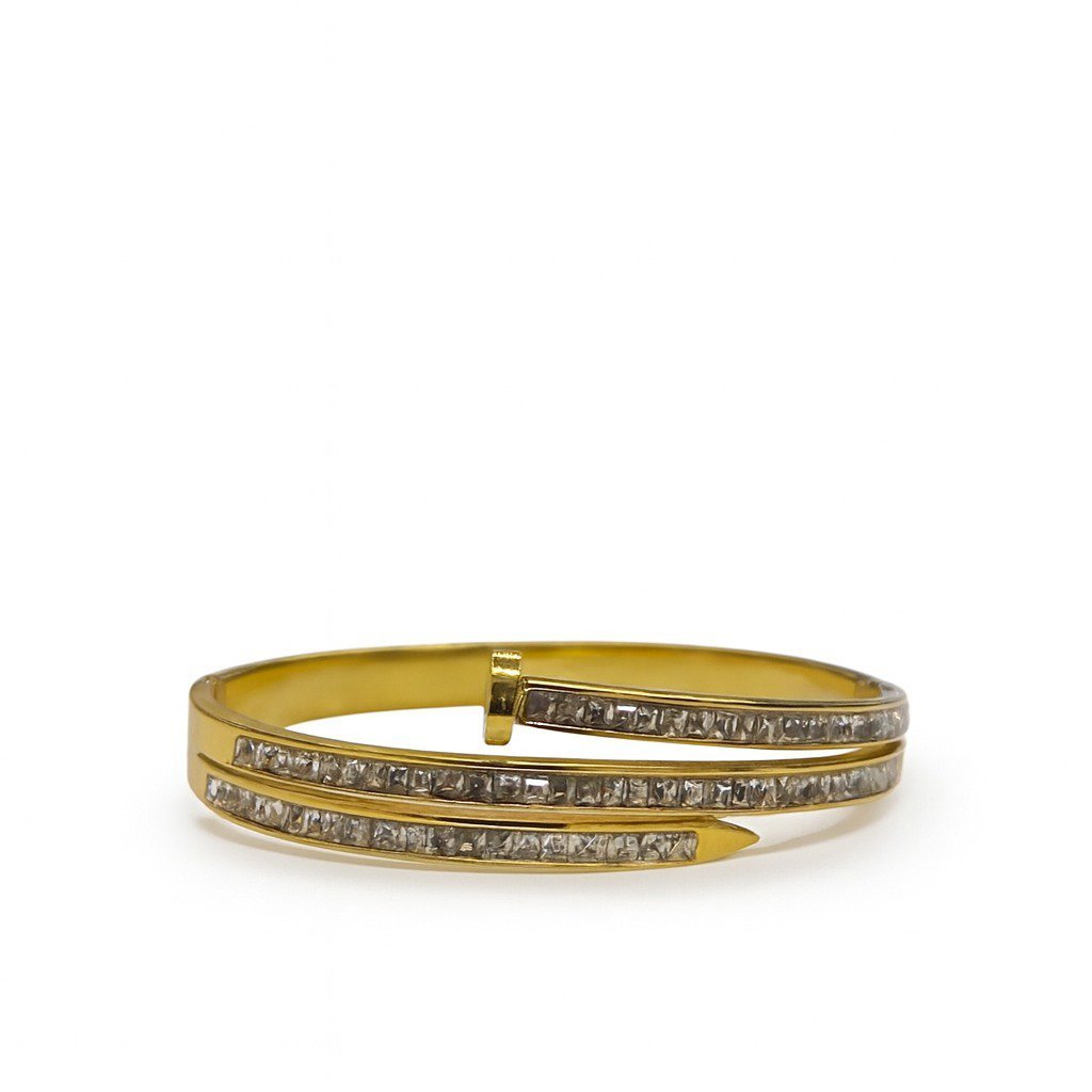 Gold Plated Nail Bangle with Crystal Pave, 2.4 inch gold bracelet for women