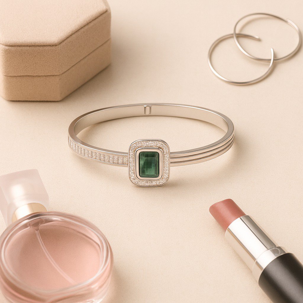 silver kada with green stone silver kada with green stone