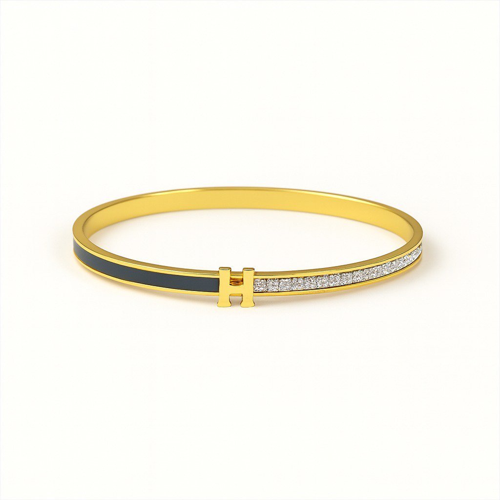 High quality gold plated bangle bracelet 'H' design with black enamel