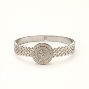 Silver Plated Coin Medallion Bangle with CZ 2.5 Inch