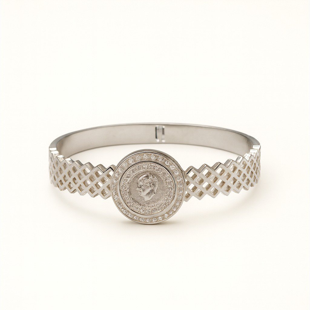 Silver Plated Coin Medallion Bangle with CZ 2.5 Inch