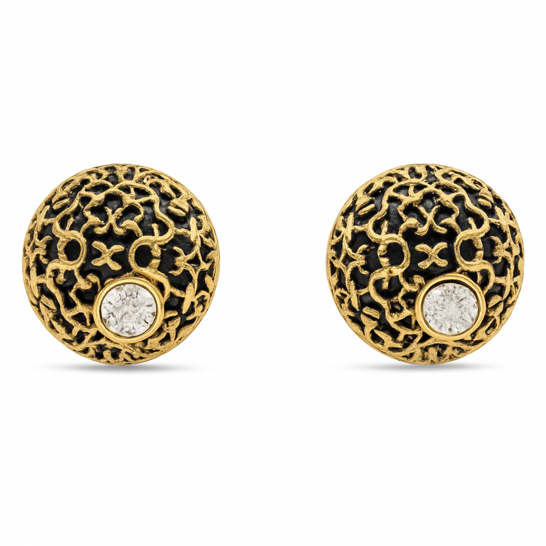 Gold Plated Black Filigree Dome Stud Earrings