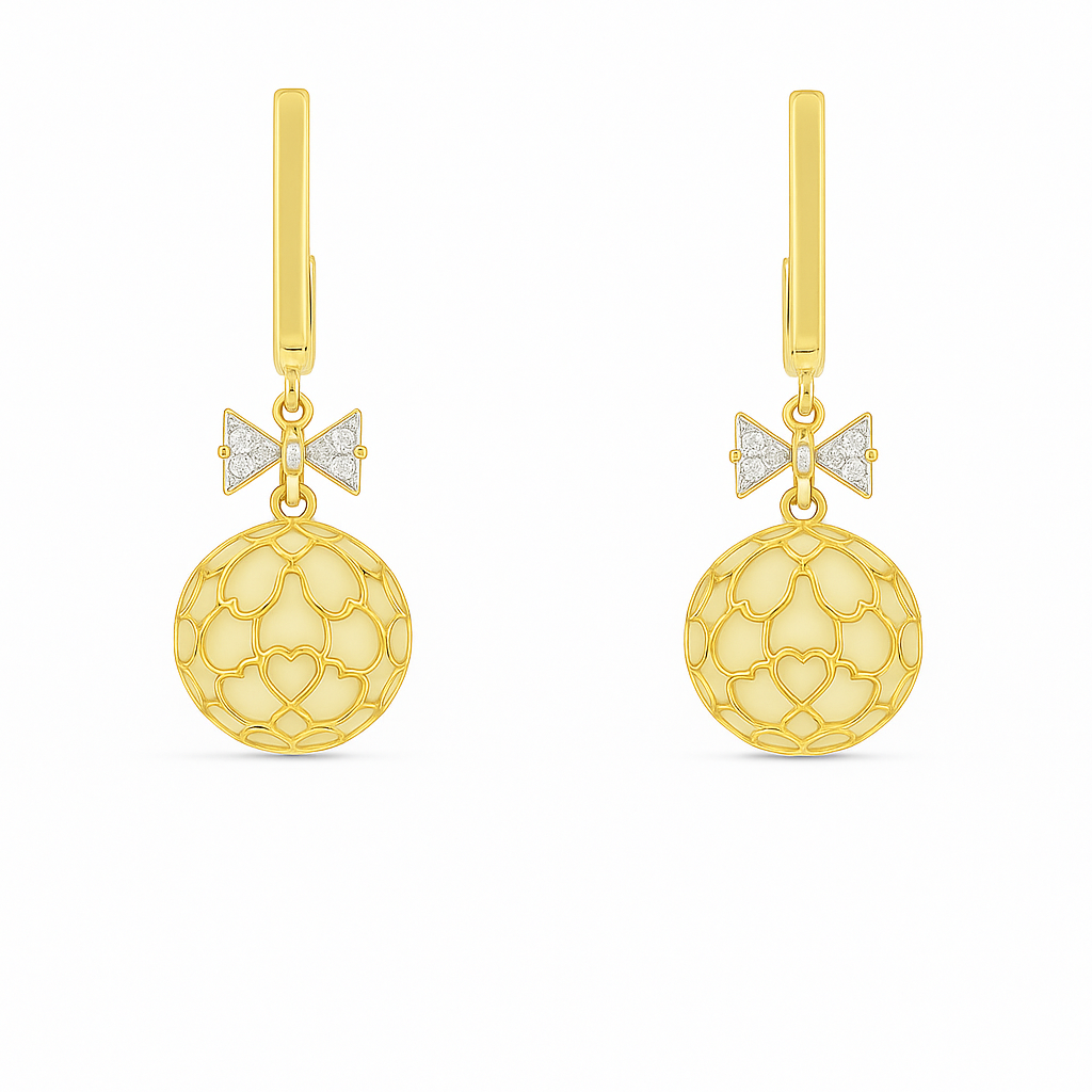 Gold Toned Drop Earrings with a Heart Filigree Ball and a small, diamond-accented bow connecting it to a rectangular hoop.