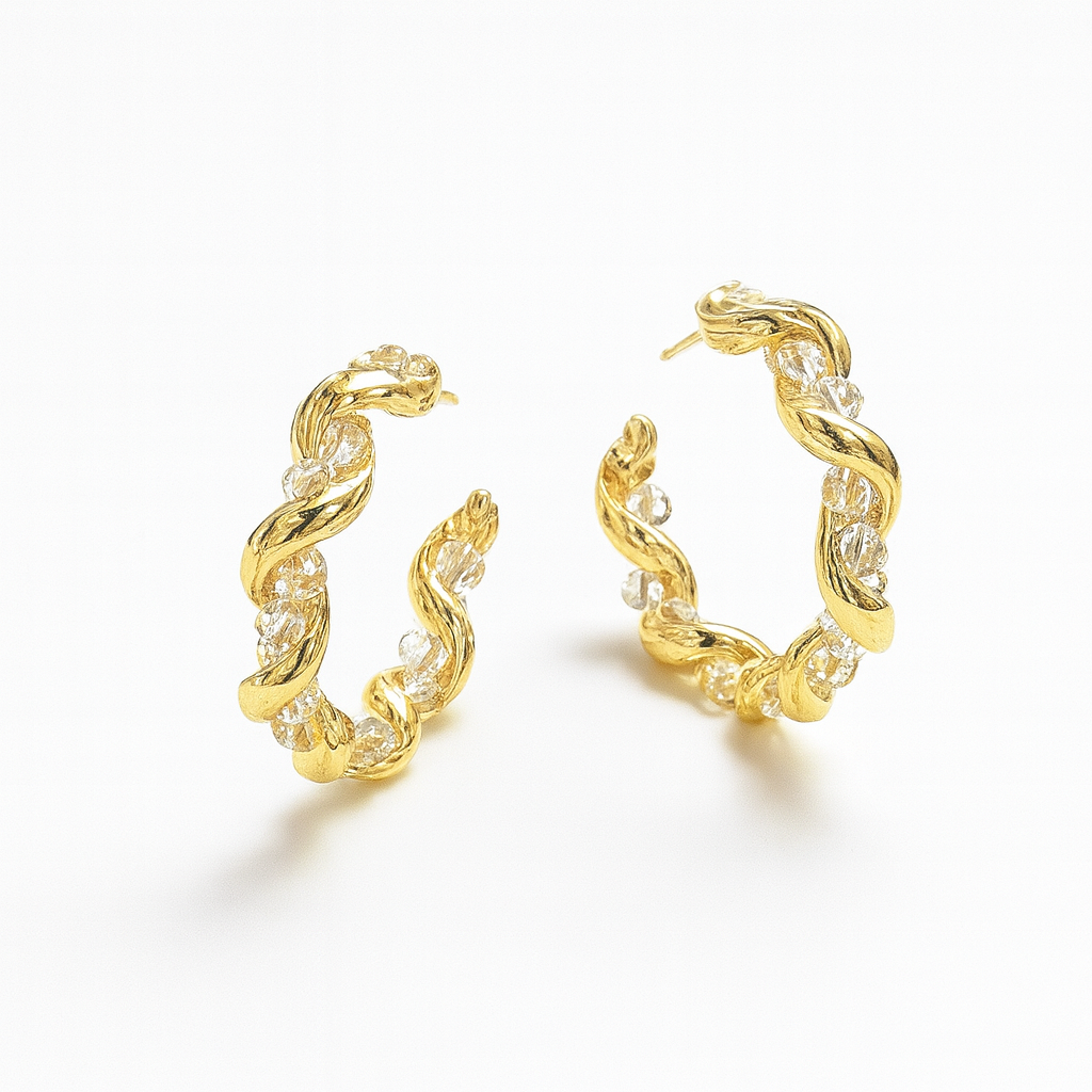 Gold Plated Twisted Hoop Earrings 2.8 cm Crystal Accent