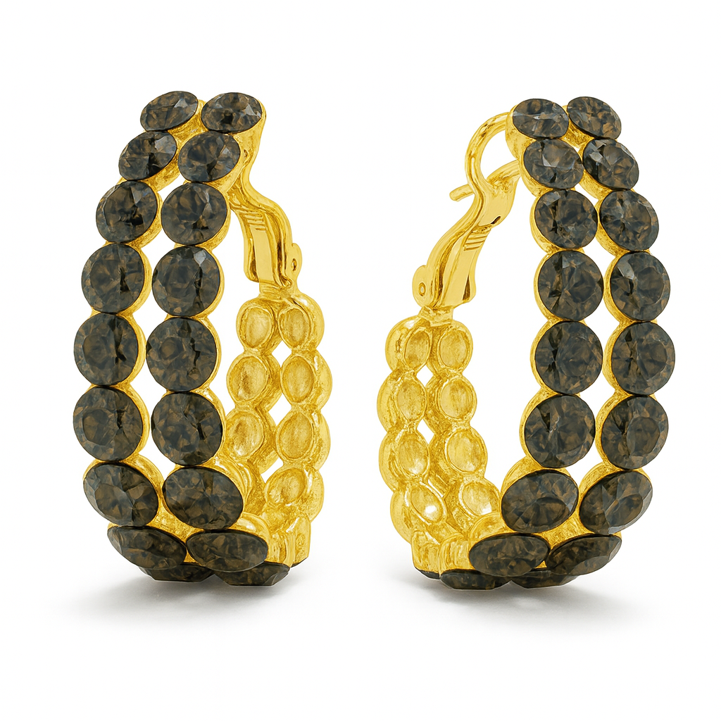 Gold Plated Double Row Smoky Crystal Hoop Earrings