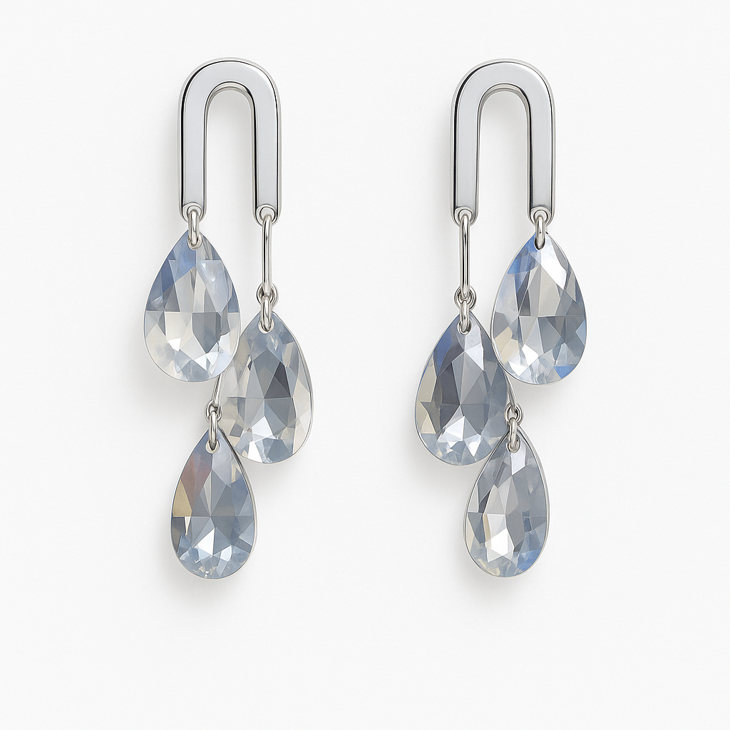 Rhodium Plated Triple Clear Teardrop Dangle Earrings