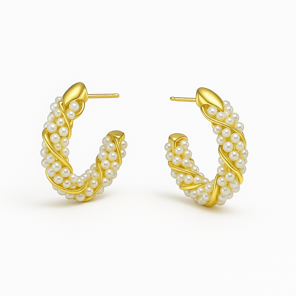 Gold Plated Braided Pearl Hoop Earrings