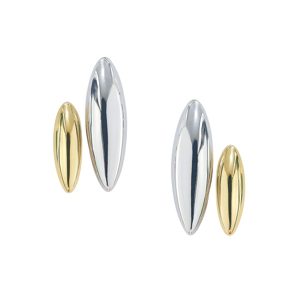 Dual Tone Stud Earrings featuring two highly polished, side-by-side pod shapes, one gold toned and one silver toned.