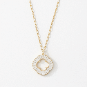 Gold Plated Paperclip Chain Necklace with a large round pendant featuring a four-leaf clover outline set with baguette cubic zirconia stones.