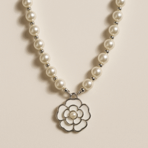 Pearl Beaded Flower Pendant Necklace Silver Toned 25 cm