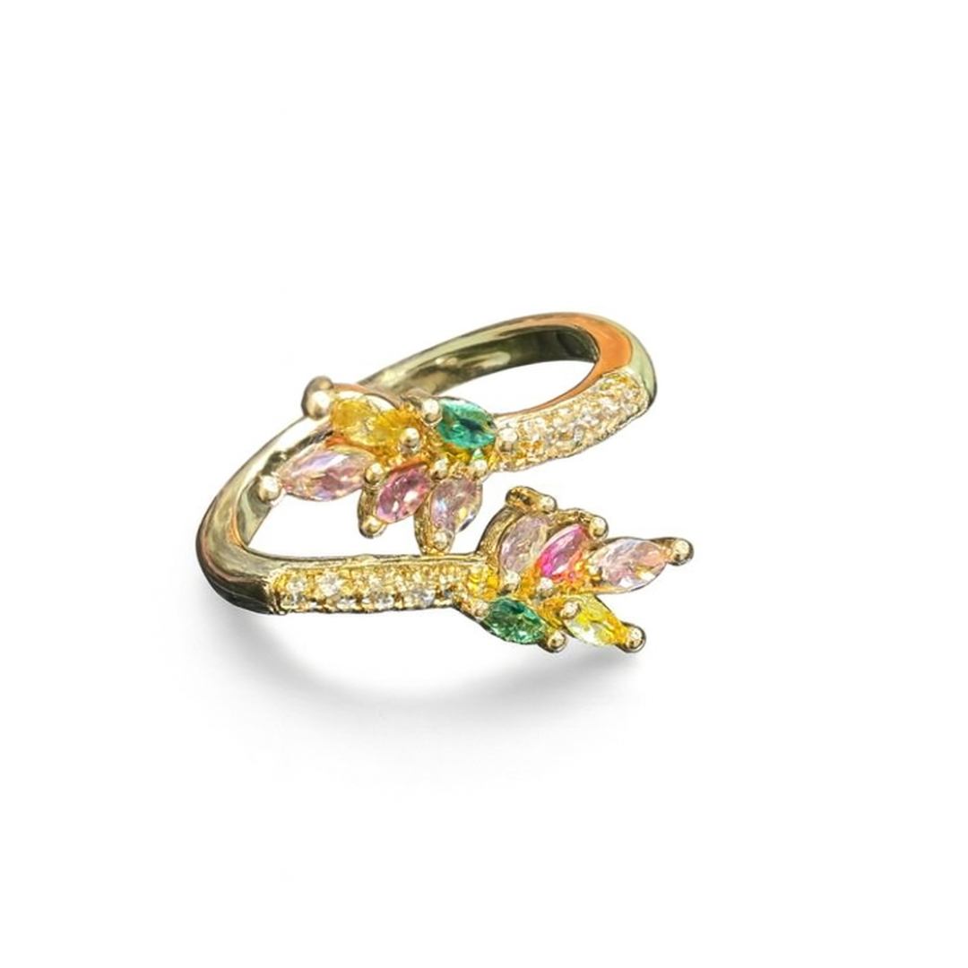 Women's Gold Plated Ring with multicolored marquise and pave CZ stones in a floral open style.