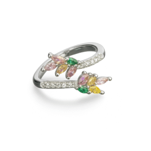 Women's Silver Plated Ring with multicolored marquise and pave CZ stones in a floral open style,