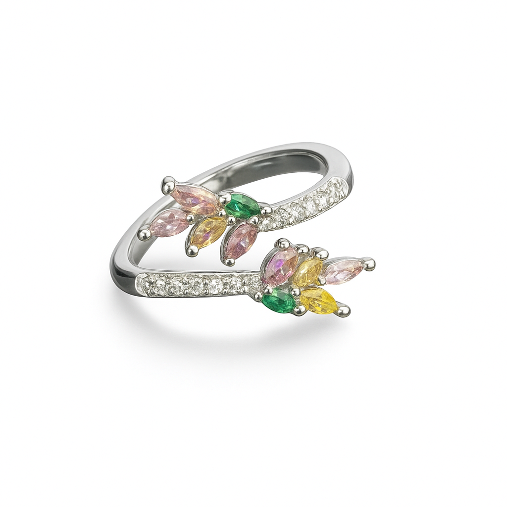 Women's Silver Plated Ring with multicolored marquise and pave CZ stones in a floral open style,