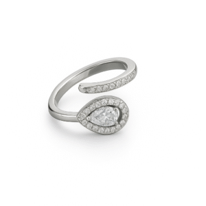 Women's Silver Plated Ring with a pear-cut CZ center stone and pave halo design.