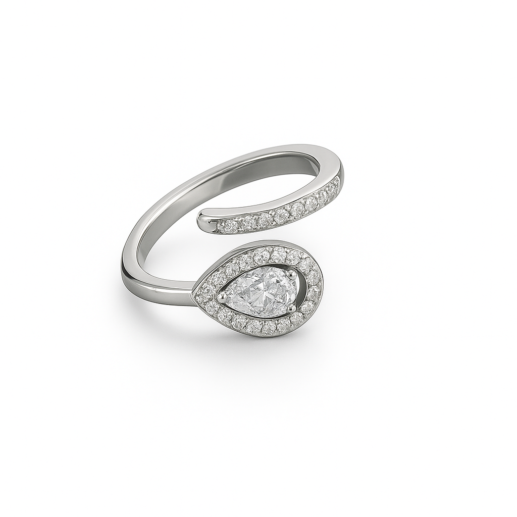Women's Silver Plated Ring with a pear-cut CZ center stone and pave halo design.
