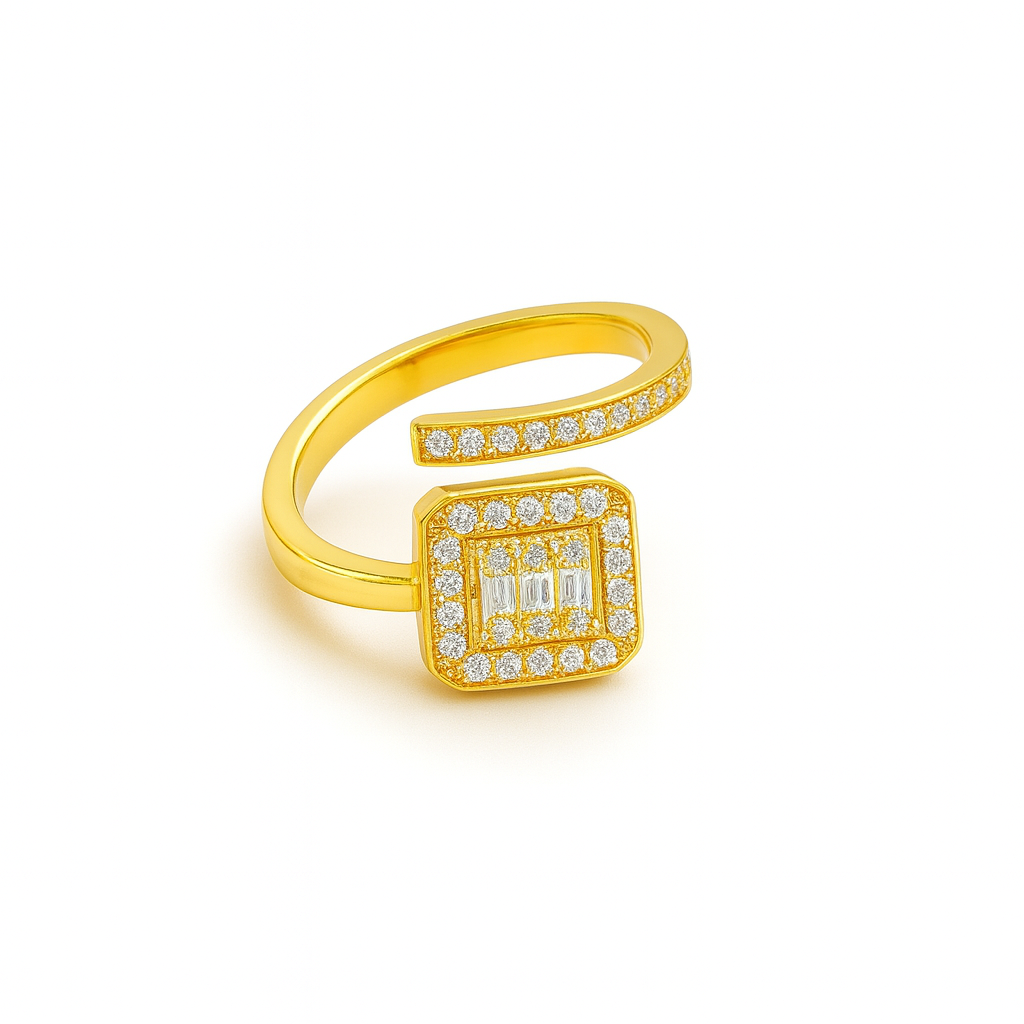 Women's Gold Plated Ring with a square baguette and pave CZ halo in an open style.