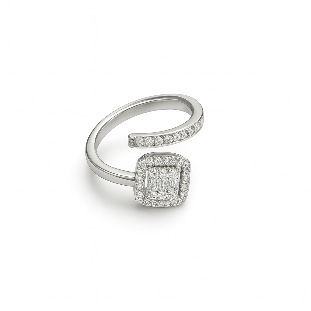 Women's Silver Plated Ring with a square baguette and pave CZ halo in an open style.