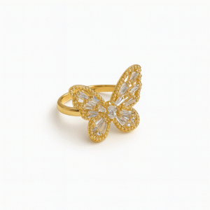 Women's Gold Plated Ring with a large butterfly motif set with baguette and pave CZ stones.