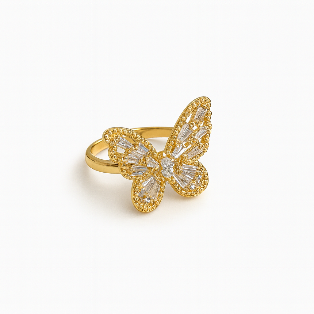 Women's Gold Plated Ring with a large butterfly motif set with baguette and pave CZ stones.