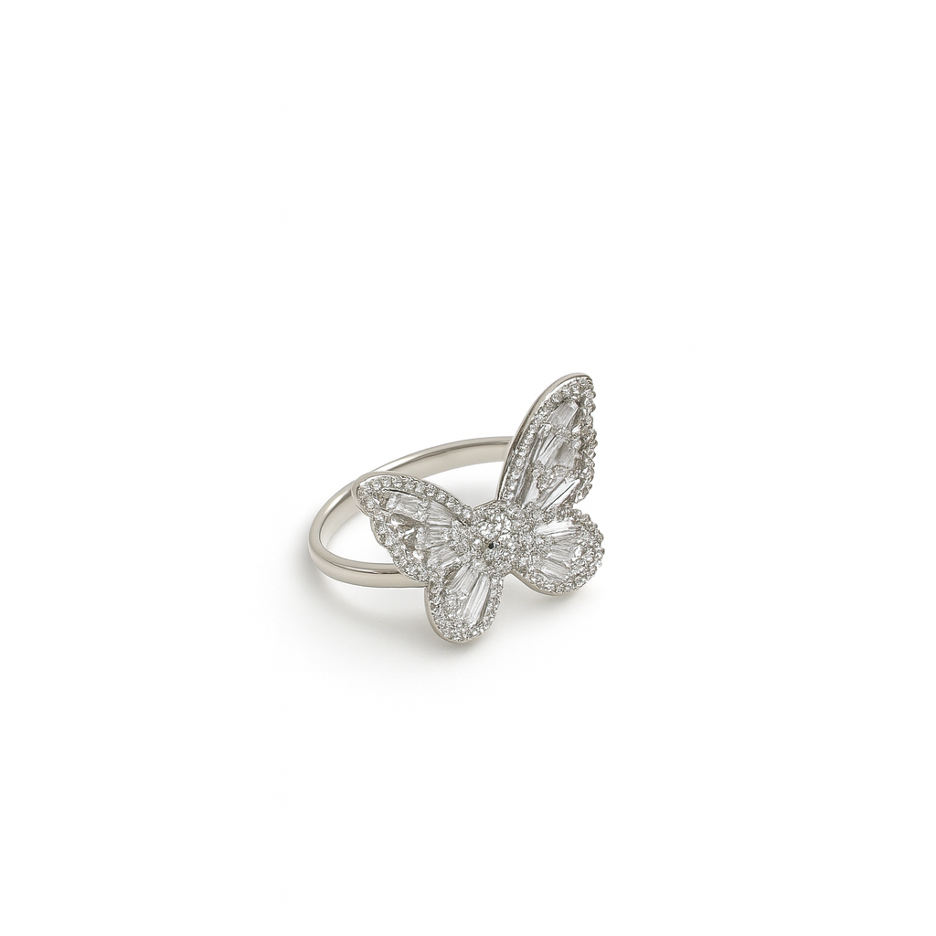 Women's Silver Plated Ring with a large butterfly motif set with baguette and pave CZ stones.