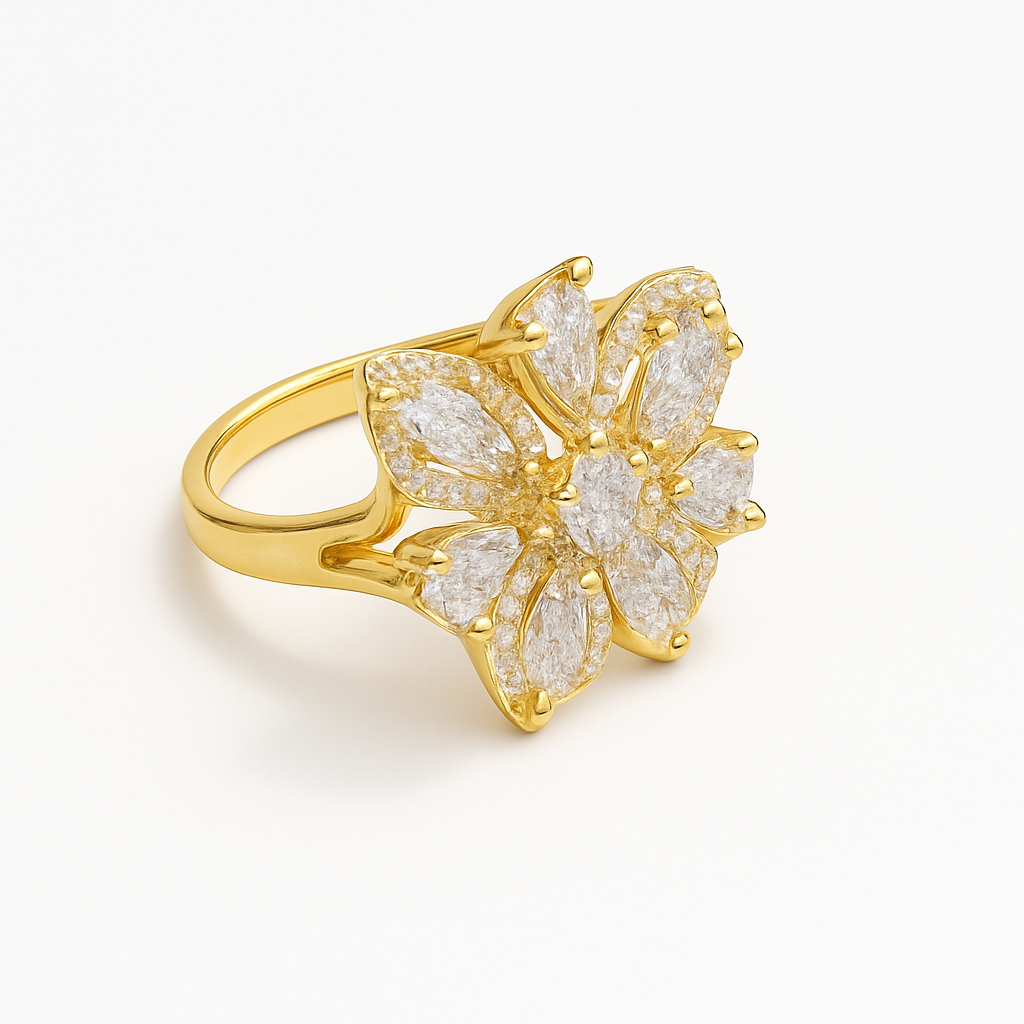 gold plated ring, flower cluster statement ring, marquise cz pave ring, hypoallergenic wide band ring, korean style floral cocktail ring, flower ring, marquise cz, women's jewelry, statement jewelry, cocktail ring