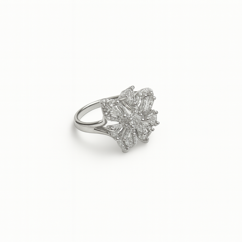 Women's Silver Plated Ring with a large marquise and pave CZ flower cluster motif.