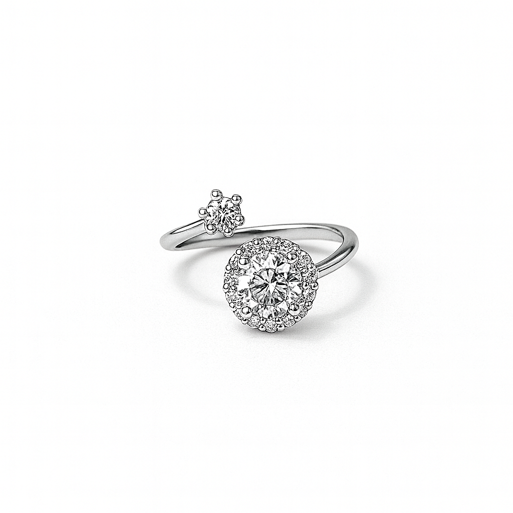 Women's Silver Plated Ring with a halo-set round CZ solitaire and a single accent stone in an open style.