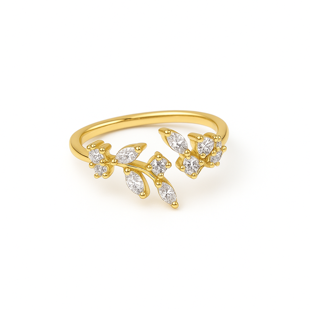 Women's Gold Plated Ring with a floral vine motif set with marquise and pave CZ stones in an open style.