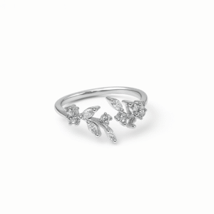 Women's Silver Plated Ring with a floral vine motif set with marquise and pave CZ stones in an open style.