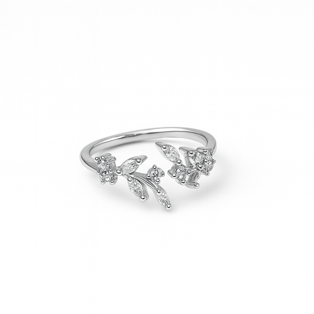 Women's Silver Plated Ring with a floral vine motif set with marquise and pave CZ stones in an open style.