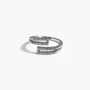Women's Silver Plated Ring with two parallel rows of pave-set CZ stones in an open style.