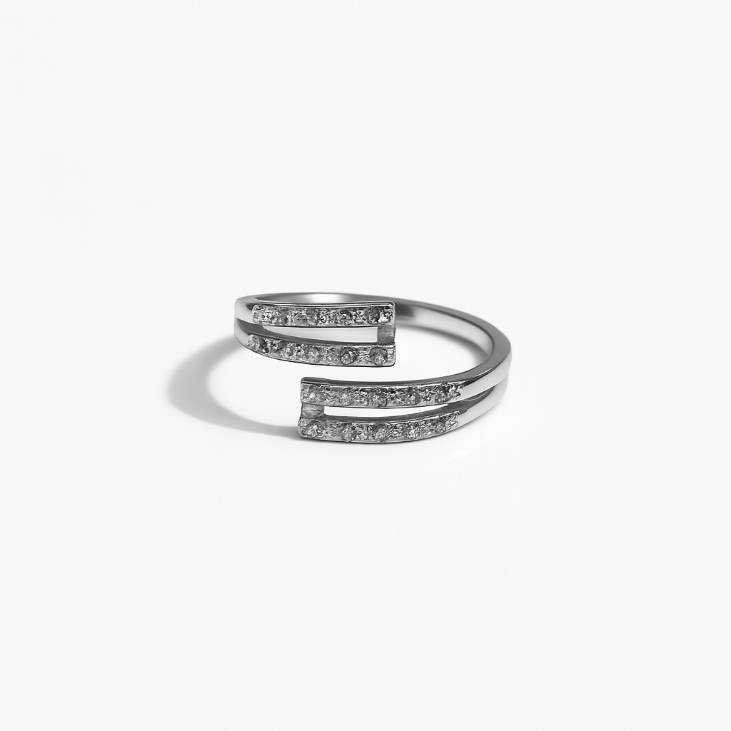 Women's Silver Plated Ring with two parallel rows of pave-set CZ stones in an open style.