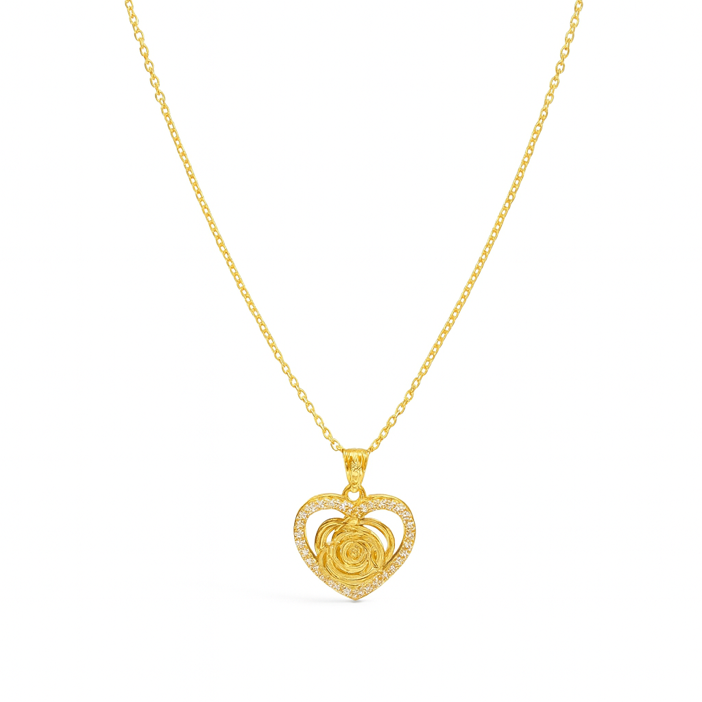 Gold Plated Rose Heart Necklace 24 cm Chain CZ Halo