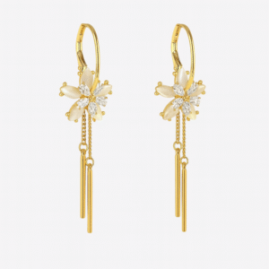 Gold Plated Flower Dangle Earrings with pear-shaped opalescent petals, a CZ center, and two dangling gold bar tassels attached to a lever-back hoop.
