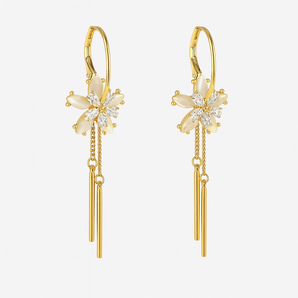 Gold Plated Flower Dangle Earrings with pear-shaped opalescent petals, a CZ center, and two dangling gold bar tassels attached to a lever-back hoop.