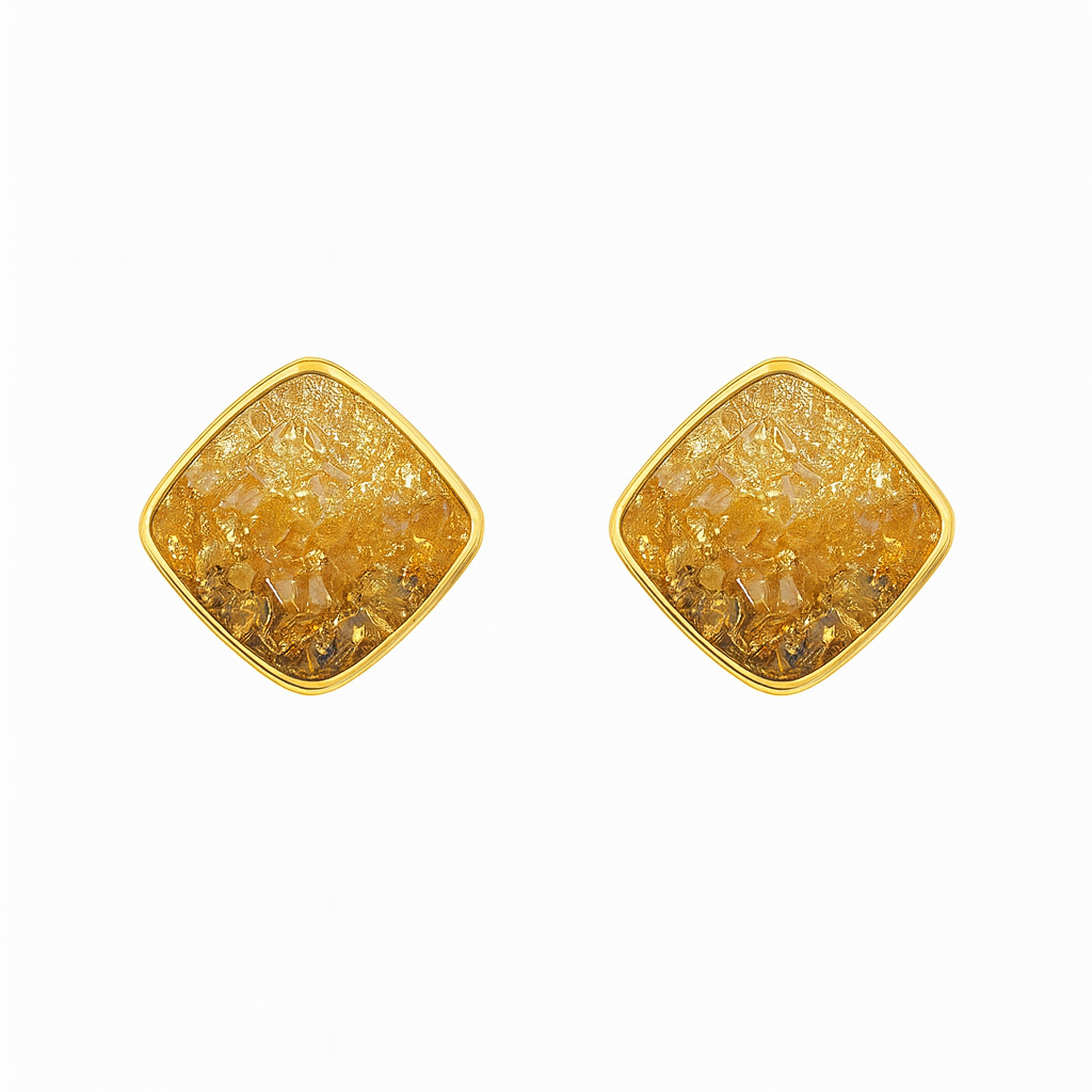 Gold Plated Square Yellow Druzy Stud Earrings 1.9 cm