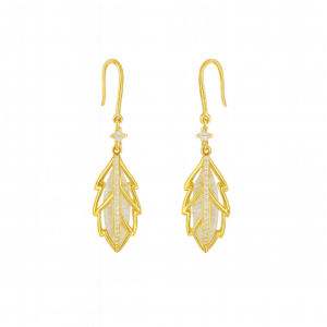 Gold Toned Drop Earrings featuring a mother-of-pearl leaf inset framed by pavé-set CZ stones, suspended from a gold hook with a single CZ accent.