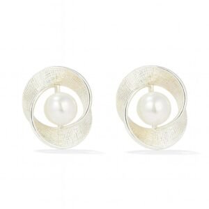 Silver Plated Brushed Swirl Pearl Stud Earrings