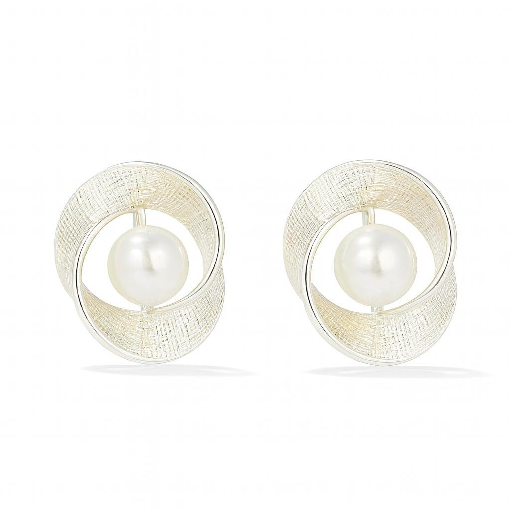Silver Plated Brushed Swirl Pearl Stud Earrings
