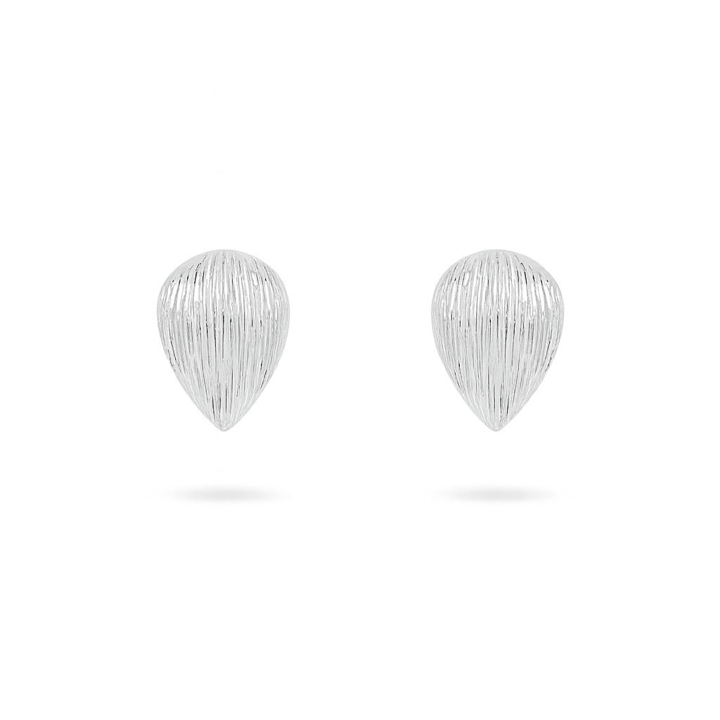 Silver Toned Ribbed Teardrop Stud Earrings with a vertical fluted texture for a subtle shine.