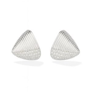 Silver Toned Triangle Stud Earrings with an upper ribbed/fluted texture and a lower section covered in micro-pave cubic zirconia stones.