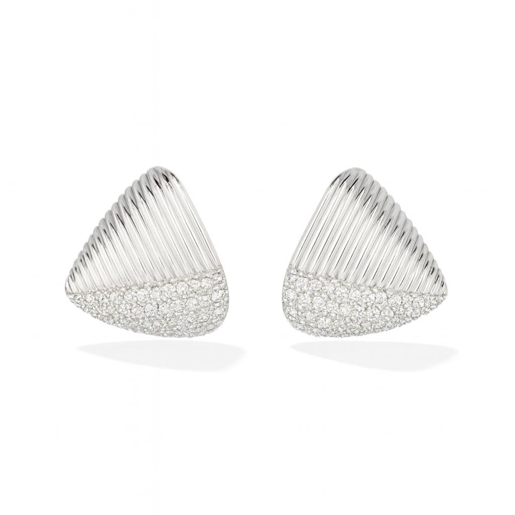Silver Toned Triangle Stud Earrings with an upper ribbed/fluted texture and a lower section covered in micro-pave cubic zirconia stones.